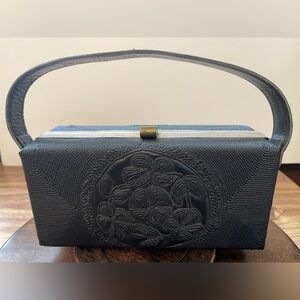 Vintage 1950s Elegant floral detailing Black Handbag purse